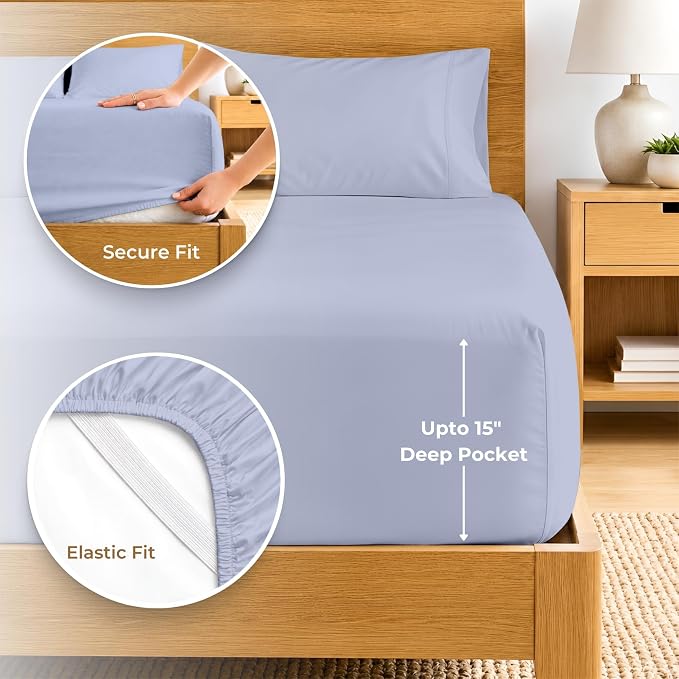 SGI bedding Queen Sheet Set – 100% Egyptian Cotton Sheets for Queen Size Bed, 600 Thread Count Sateen Weave, Cooling & Breathable, 15" Deep Pocket, Hotel Luxury Soft Bed Sheets Set, Cornflower Blue