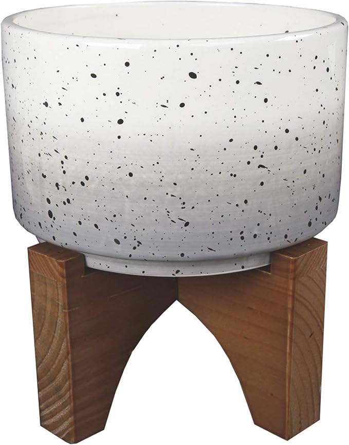 Flora Bunda Mid Century 7 Inch Grey Ombre SPECKS Ceramic Planter with Wood Stand,Grey 7"