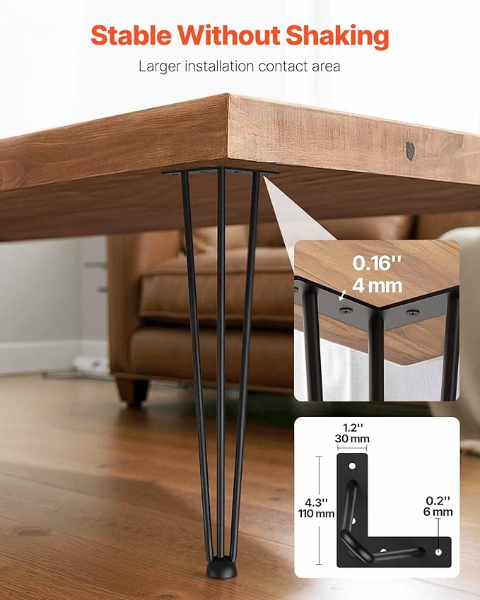 VEVOR Hairpin Table Legs 20" Black Set of 4 Desk Legs 880lbs Load Capacity (Each 220lbs) Hairpin Desk Legs 3 Rods for Bench Desk Dining End Table Chairs Carbon Steel DIY Heavy Duty Furniture Legs