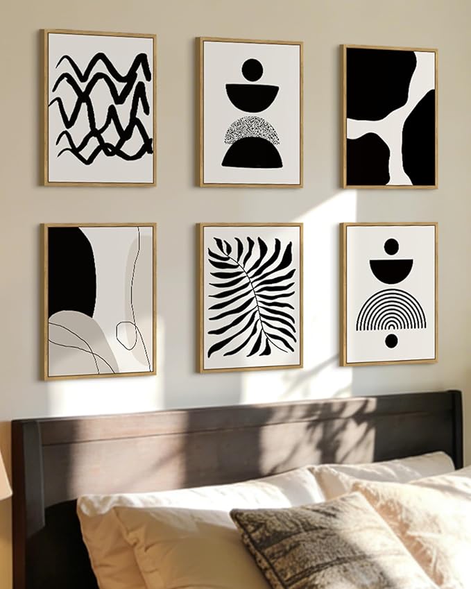 Drsoum Abstract Boho Wall Art Minimalist Geometric Framed Boho Room Decor Black Line Art Mid Century Modern Prints Bohemian Living Room Bedroom Ready to Hang 11x14inx6pcs (Natural Framed)