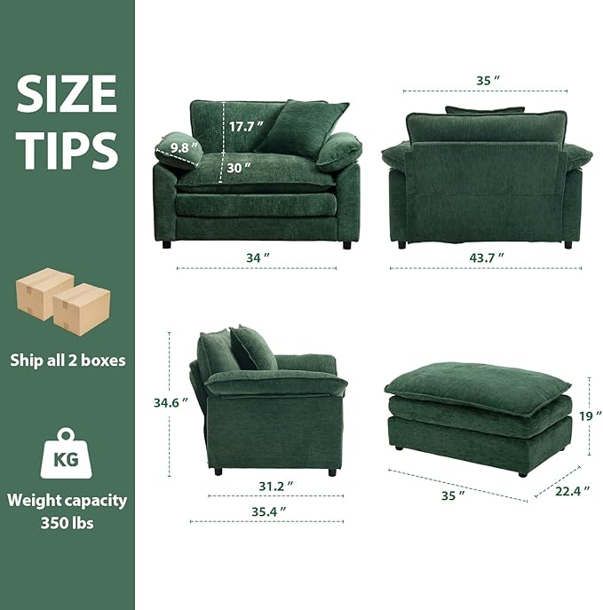 Green Modern Oversized Chair, Comfy Chenille Accent Chair Large Upholstered Armchair with Extra Thick and Deep Seat Lounge Chair for Living Room,Bedroom,Apartment