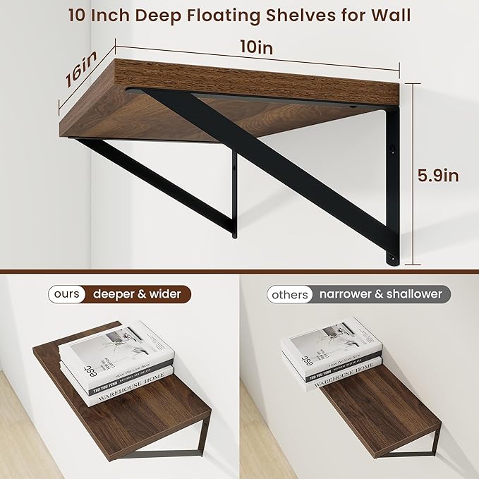 Axeman Deep Floating Shelves | 16 Inch Walnut Wall Shelves Set of 2 | 10 Inch Deep Wood Floating Shelves for Wall | 16" W x 10" D Walnut Shelves for Living Room Bathroom Kitchen