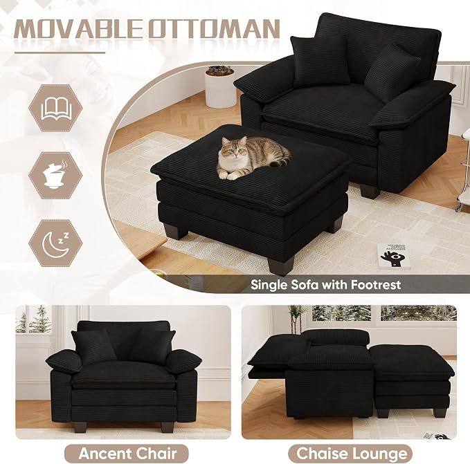 Chaise Lounge Chair Indoor, Oversized Accent Chairs with Ottoman, Luxury Corduroy Upholstered Deep Seat Sleeper Sofa Reading Chairs and A Half with Pillows for Living Room, Bedroom, Apartment, Black