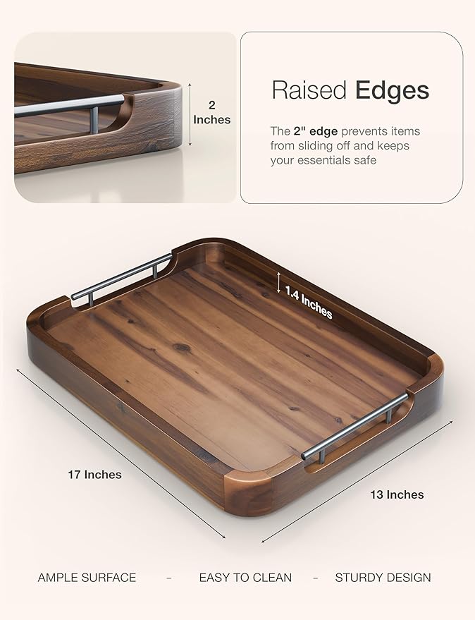 Ottoman Tray for Living Room – 17"x13" Rectangle Serving Tray with Handles – Acacia Wooden Tray for Coffee Table, Living Room, Breakfast in Bed – Decorative Trays for Ottoman (Walnut Color)