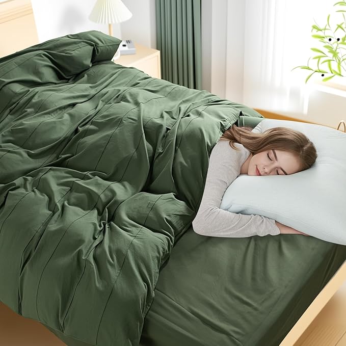 NEXHOME PRO 100% Organic Cotton Duvet Cover Full Size, Pleated Textured Duvet Cover Set Forest Green, 3pc Bedding Set with Zipper Closure, Soft, Lightweight and Breathable (80"x90", No Comforter)