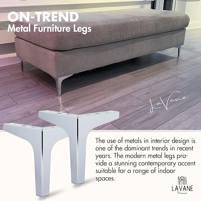 La Vane 4 Inch Metal Furniture Legs, Set of 4 - Modern Diamond Triangle Silver DIY Replacement Feet Corner Legs for Cabinet, Sofa, Sideboard, Couch, Dresser Makeover