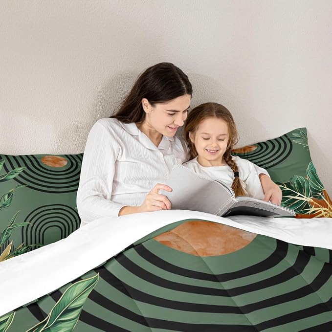 Erosebridal Mid Century Green Queen Comforter Set Boho Minimalist Aesthetic Bedding Set for Kids Boys Girls Modern Plant Botanical Palm Leaf Comforter Abstract Retro Geometric Neutral Quilt Duvet
