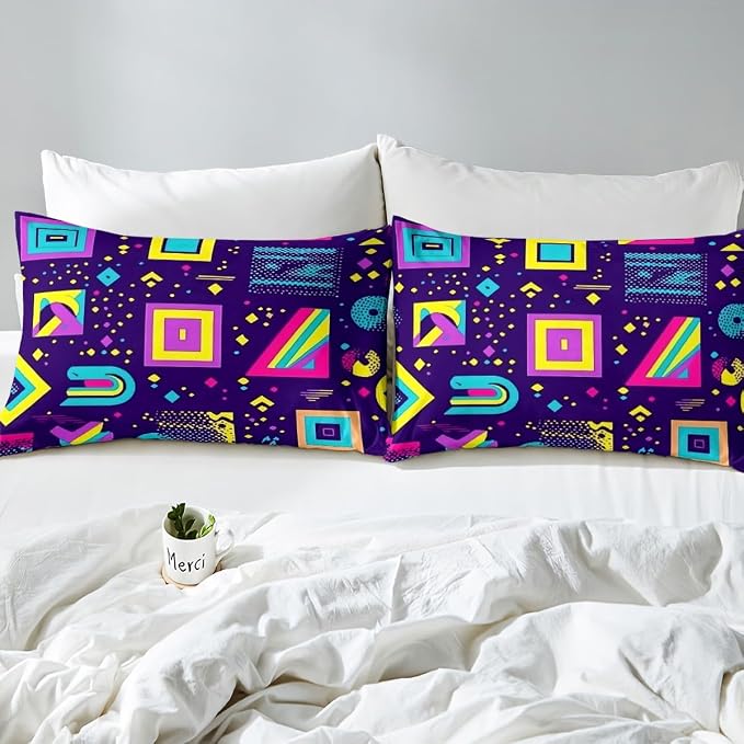 Retro 80s Style Bedding Set Twin,Abstract Geometric Pattern Duvet Cover Urban Modern Design with Circles and Triangle Comforter Cover Colorful Pop Art Inspired Pattern Quilt Cover for Boys Child