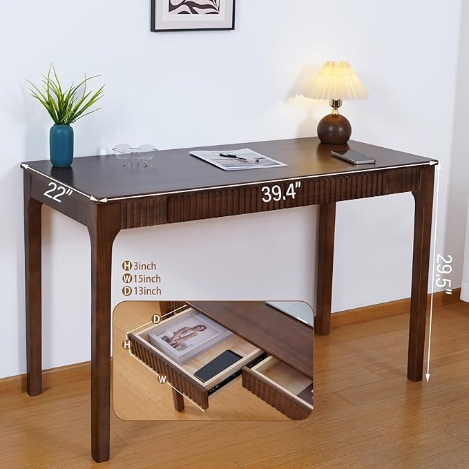 Solid Wood Desk with Drawer, Small Writing Desk for Small Spaces,Gaming Study Home Office Workbench woodenDesks for Work, 39 inch Wooden Computer Desk for Bedroom Walnut Color