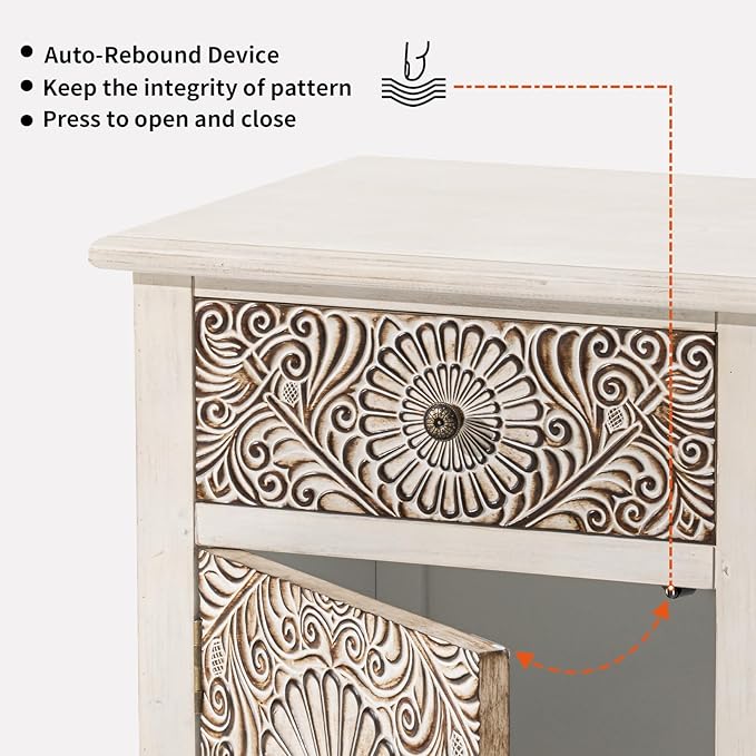 HOMPUS White Nightstand with Drawer & Storage, Fully-Assembled Flower Motif Night Stand for Small Spaces, 2 Drawer End Table with Storage for Living Room, Bedroom, Distress White