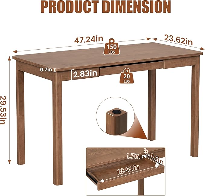 Solid Wood Desk with Keyboard Tray - 48 Inch Mid Century Modern Writing Desk, Computer Desks with Keyboard Tray, Simple Study Table Home Office Desks for Bedroom|Small Spaces-Walnut Color