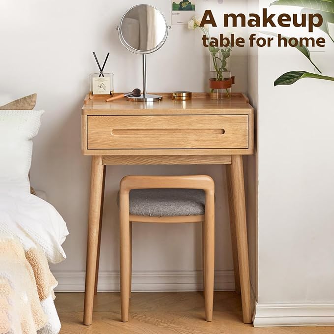 Solid Oak Wood Vanity Table Wood Desk with Drawer, Writing Desk Modern Desk Small Computer Desk for Bedroom Office (Log Color,15.74" D x 23.62" W x 30.7" H)