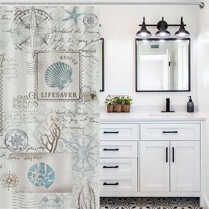 Nautical Map Shower Curtain,Lighthouse Sailboat Compass Anchor Coastal Shower Curtain for Bathroom Polyester Fabric Ocean Themed Bathroom Decor Set with Hooks,72x84Inch