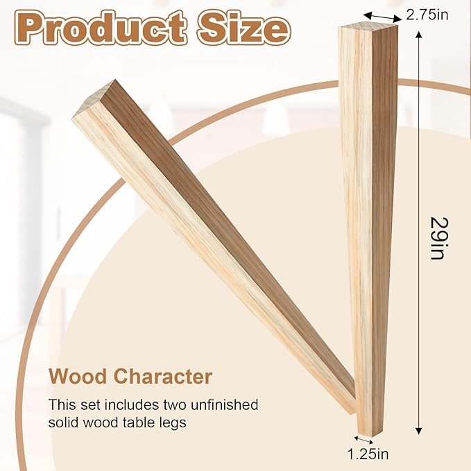 CroBlissful 2 Pieces 4 Sided Tapered Pine Wood Dining Table Leg 29" Tall x 2 3/4" Wide Unfinished Wooden Leg for Kitchen Tables and Desks