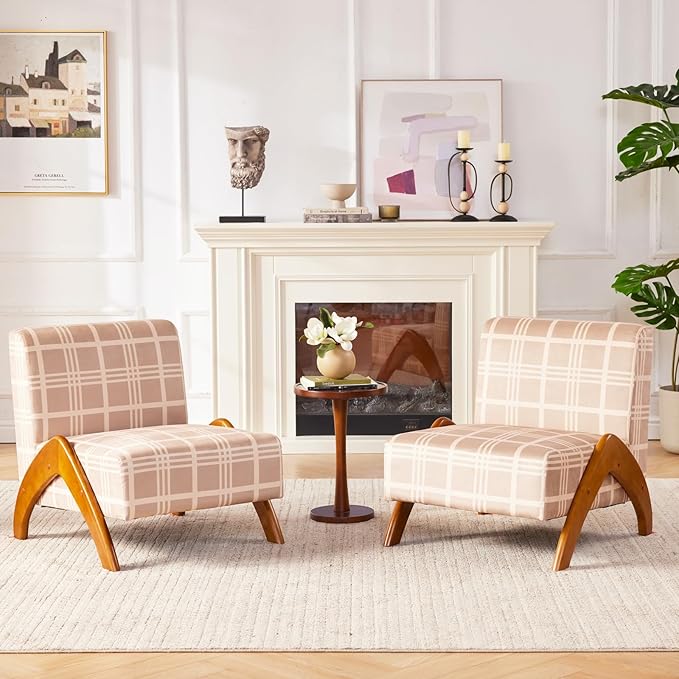 Oversized Accent Chair, upholstered armless mid Century Modern Living Room Chair with Wooden Legs for Bedroom/Office/Cafe, Plaid Camel