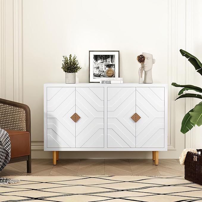 HLR 48'' Buffet Cabinet with 4 Doors and Shelves, Modern Credenza Storage Cabinet with Embossed Pattern Doors, Storage Cabinet Sideboard for Living Room, Kitchen, Dining Room, Hallway, White