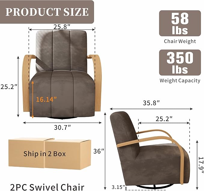 Chifee & Vingol 360° Swivel Accent Chair 30.3" W Velvet Swivel Living Room Chair with Solid Wood Armrests Mid Century Modern Reading Chair,Set of 2,Charcoal