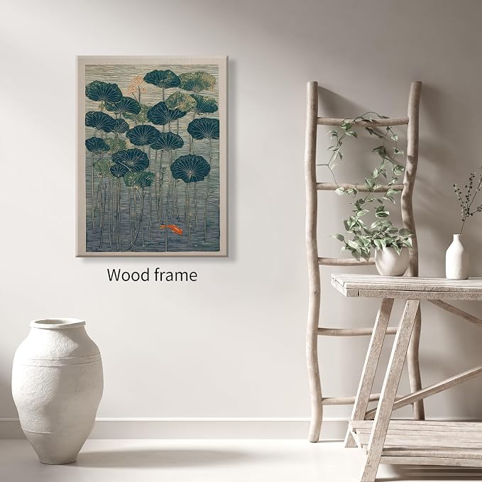 Wrapped Framed Lotus And Koi Canvas Poster Japanese Floral Botanical Pond Wall Art Retro Oriental Asian Prints Decor for Bedroom Zen Meditation Room Home 12x16 inch