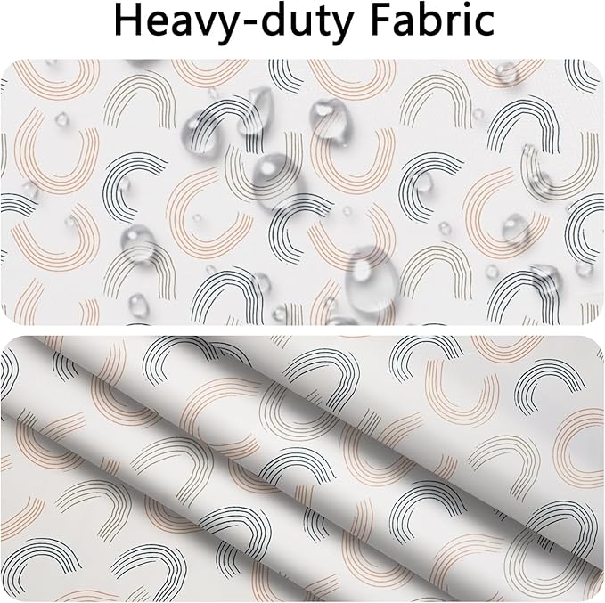 No Hook Shower Curtain with Snap in Fabric Liner Set - Modern Geometric Curve Design, Waterproof Double Layers with Beige & Blue Line for Bathroom Decor, See Through Top Window, 71x74 Inch