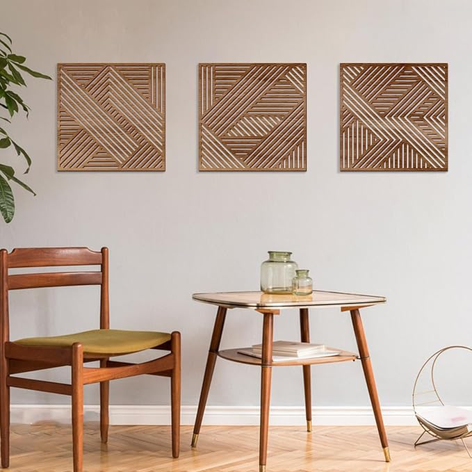 Bnesi 3 Piece Abstract Geometric Wood Wall Art Decor Modern Boho Minimalist Slatted Design Wall Sculpture Art Decor for Living Room Bedroom Home Bathroom (Exquisite, Medium)