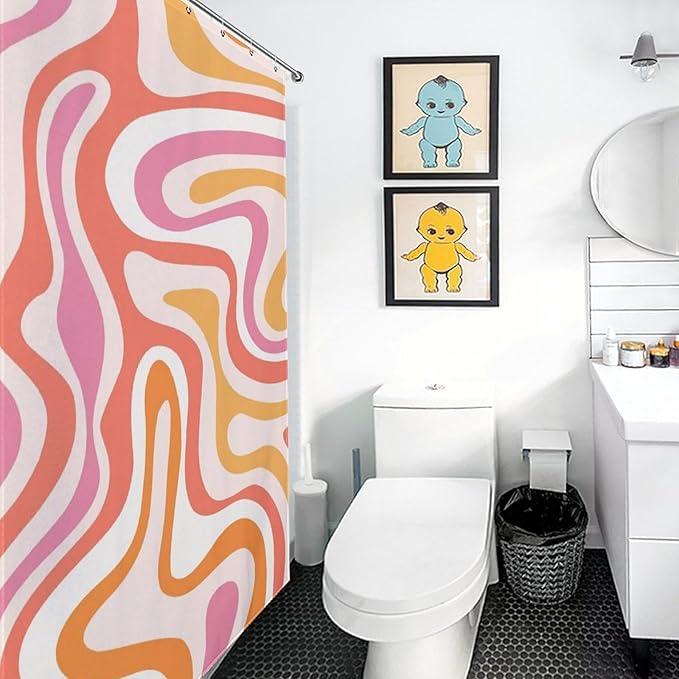 Hippie Shower Curtain for Bathroom, 70s Retro Colorful Orange Pink Wave Hippie Abstract Swirl Aesthetic Boho Funky Trippy Bright Waterproof Fabric Bath Shower Curtain Set with Hooks, 72"x84" Inch