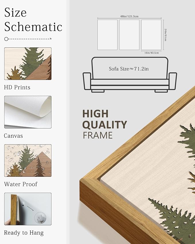 KUVIOKE Morden Mountains Framed Wall Art Boho Pine Tree Forest Nature Landscape Artwork Bohemain Farmhouse Rustic Bedroom Living Room Decor 16x24in (Natural Framed)