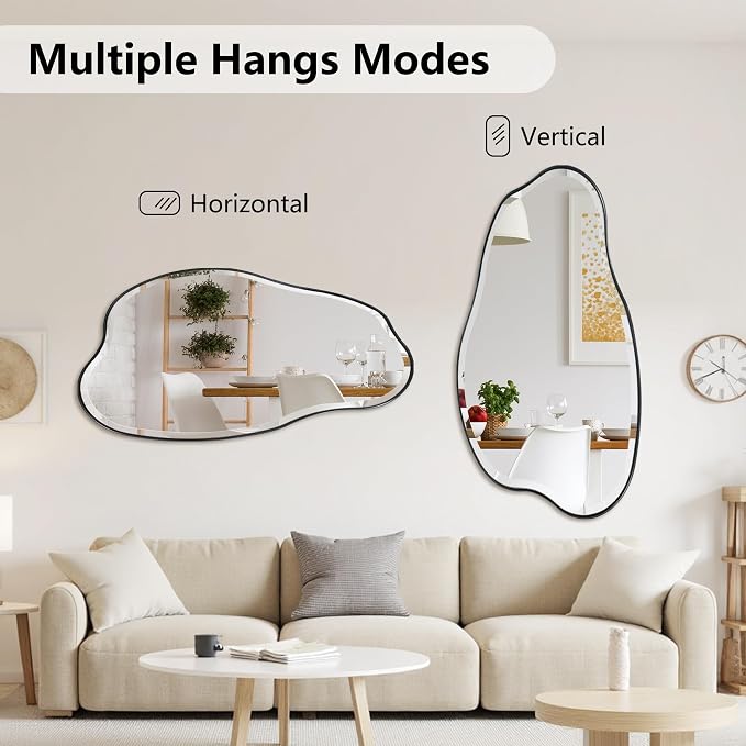 POZINO Large Irregular Beveled Mirror, 53.5"x27" Asymmetrical Vanity Wall Mirror with Metal Frame, Organic Shape Mirrors for Entryway Bathroom Living Room Bedroom, Horizontal/Vertical Hanging