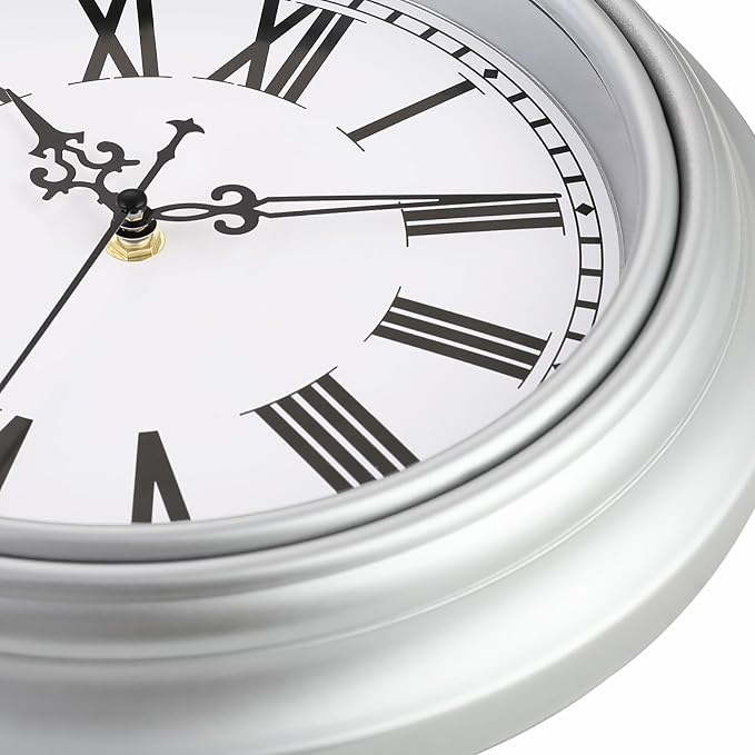 Plumeet Extra Large Retro Wall Clock, 16'' Non Ticking Classic Silent Vintage Wall Clocks Decorative Kitchen Living Room Bedroom, Roman Numerals, Battery Operated, Silver