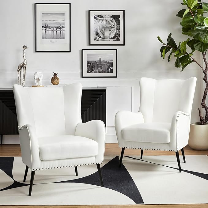 HULALA HOME Faux Leather Accent Chair Set of 2 with Removable Cushion, Comfy Upholstered Armchair with Metal Legs & Nailhead Trim Wingback Vanity Chair for Reading Living Room Bedroom, Ivory