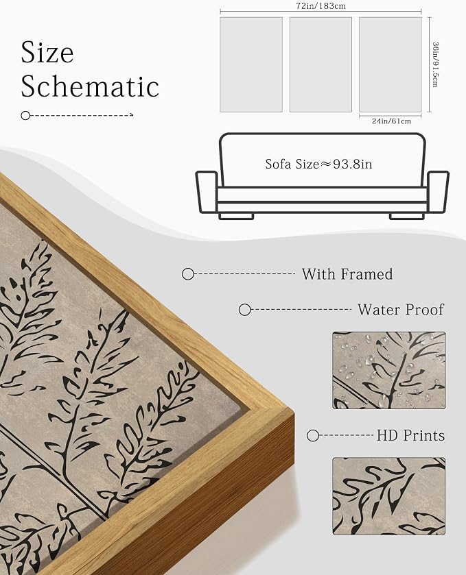 KUVIOKE Vintage Botanical Framed Wall Art Bohemian Black Tan Plant Leaf Wall Decor Nature Fern Plant Silhouette Wall Painting for Living Room Bedroom 24x36in (Natural Framed)