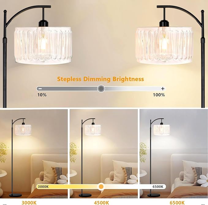 ILLMTW Arc Floor Lamp for Living Room,Bedroom,Glass Standing Lamp with Remote Dimmable,Mid Century Modern White Tall Floor Lamps Boho Black Vintage Floor Light Bohemian