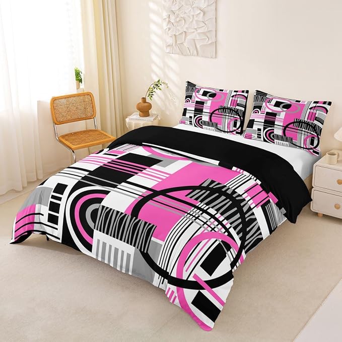 Erosebridal Art Deco Mid Century Duvet Cover Set Retro Modern Abstract Geometric Twin Bedding Sets for Girls Children Boys Black and White Fuchsia Circles Stripes Comforter Cover Contemporary Bed Set