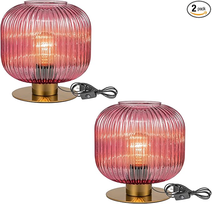 Glass Lamps Set of 2, Vintage Gold Table Lamps for Living Room End Table, Mid Century Bedside Table Lamp with Ribbed Glass Globe, Cute Desk Lamp Pink Nightstand Lamp for Girls Bedroom