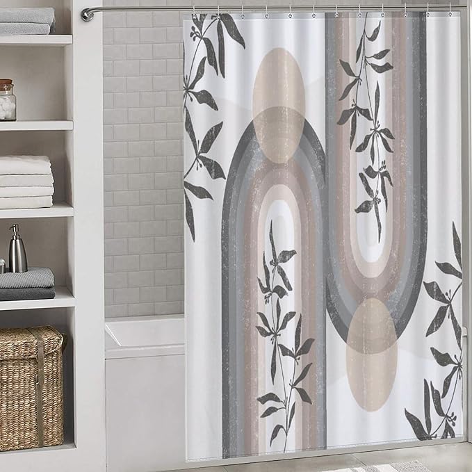 Boho Leaf Mid Century Shower Curtains, Bohemian Plant Mid Century Tropical Abstract Modern Washable Waterproof Fabric for Bathroom Decor Bathtub with 12 Hooks 55x72in（140x183cm）
