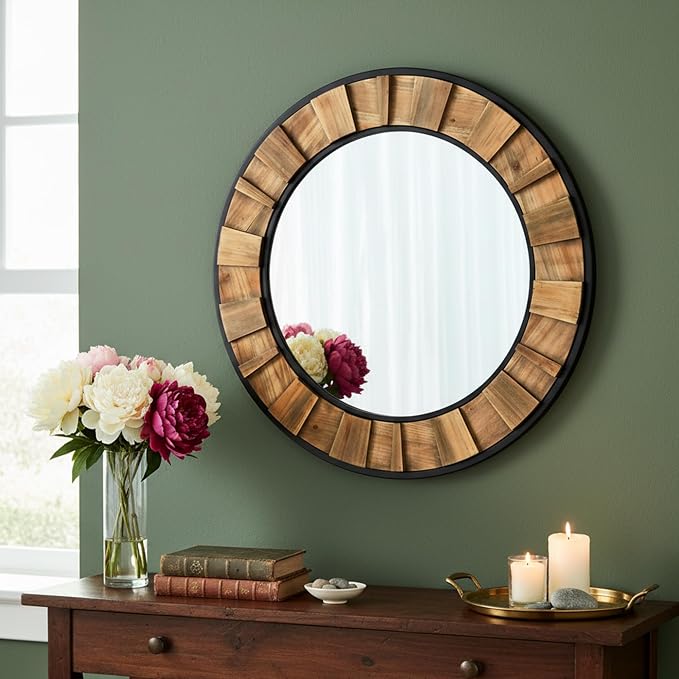 ZIYOO Round Wood Mirror 30", Metal & Wooden Frame Decorative Wall Mirror for Bathroom Vanity, Bedroom Living Room Entryway (Wood and Metal,30")