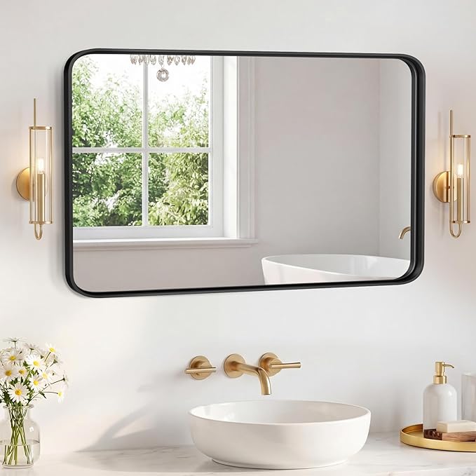 NEWBULIG 32X48 Inch Bathroom Mirror for Over Sink, Wall Vanity Mirrors Tempered Glass, Anti-Rust Metal Framed Rounded Rectangle, Hangs Horizontally or Vertically, Farmhouse Home Decor, Black