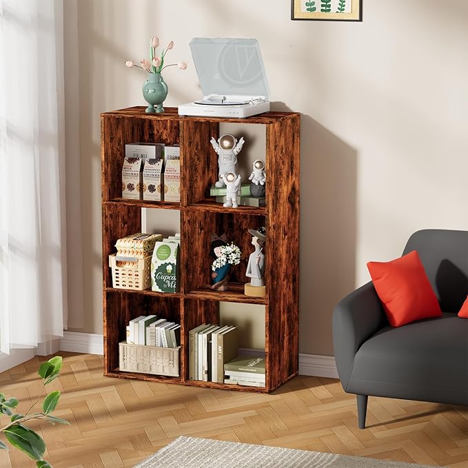 6 Cube Storage Organizer, Open Bookshelf Storage Cubes Shelf with Back Panel, Wooden Display Shelf Bookcase Standing Shelves for Living Room, Bedroom, Home Office (Vintage Brown, 6-Cube)