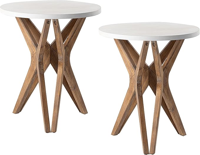 LONYKE Pedestal Farmhouse End Table Set of 2, Distressed Top with Tripod Base Bedside Table for Living Room, Modern, Boho Decor, Round (2-Pack, White & Walnut)