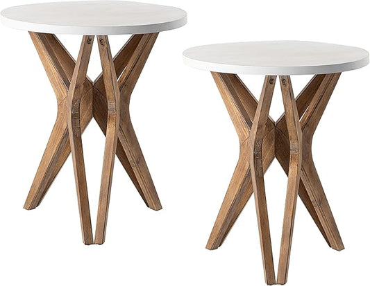 LONYKE Pedestal Farmhouse End Table Set of 2, Distressed Top with Tripod Base Bedside Table for Living Room, Modern, Boho Decor, Round (2-Pack, White & Walnut)