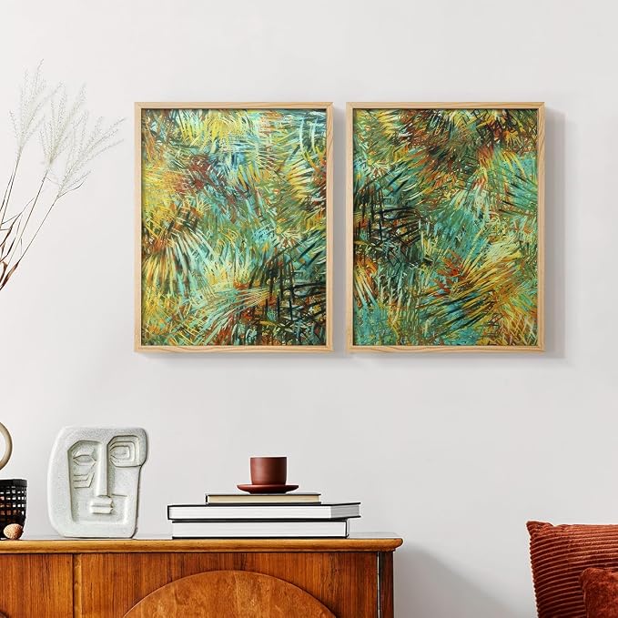 Renditions Gallery Set of 2 Peel & Stick Framed Prints, Nature Abstract Wall Art, Green Leafy Design Wall Decor, Re-Stickable - Ready to Hang - 11"x14" - NATURAL WOOD Frame LT588