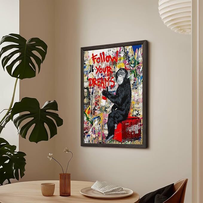 Banksy Canvas Wall Art Monkey Follow Your Dreams Street Graffiti Wall Art Banksy Prints Gorilla Poster Monkey Artwork Graffiti Pictures Painting for Home Living Room Decor 12x16 Inch Wood Framed