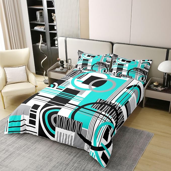 Erosebridal Art Deco Mid Century Duvet Cover Set Retro Modern Abstract Geometric 100% Cotton Comforter Cover Black and White Teal Circles Stripes Full Size Bedding Sets, Contemporary Bed Set