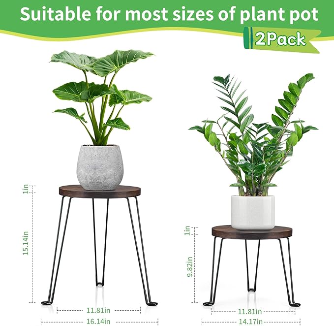 Yangbaga Wooden Plant Stands Indoor: 2Pack 11.81IN Round Plant Stands with Metal Legs,Mid Century Plant Holder for Home Decor,Multi-purpose Plant Table for Living Room/Patio/Garden/Balcony/Office