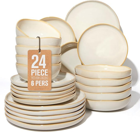 24 Pieces Dinnerware Set for 6 with Pasta Bowls, Complete Ceramic Dish Set, Stackable & Glossy Stoneware Plate and Bowl Set for Effortless Everyday Hosting, Yellow White