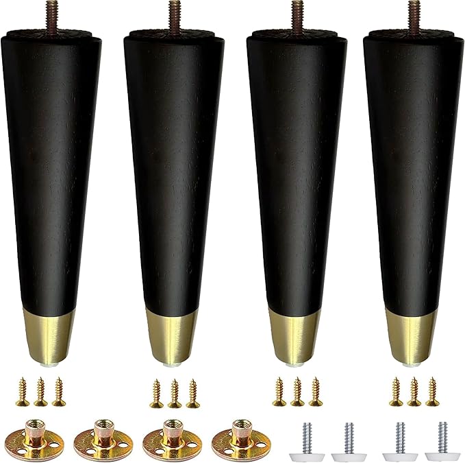 Round Solid Matte Black Rubberwood Replacement Sofa Couch Legs Chaise Lounge Ottoman Coffee Table Cabinet Furniture Wooden Legs Solid Wooden Furniture Legs (8-Inch Set of 4)