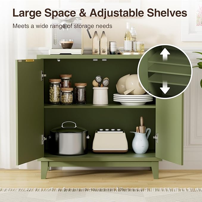 Fluted Cabinet with Storage, 2 Doors Sideboard Buffet, Mid Century Modern Accent Cabinet with Adjustable Shelves, Multifunctional Console Table with Storage for Living Room, Kitchen, Entryway, Green