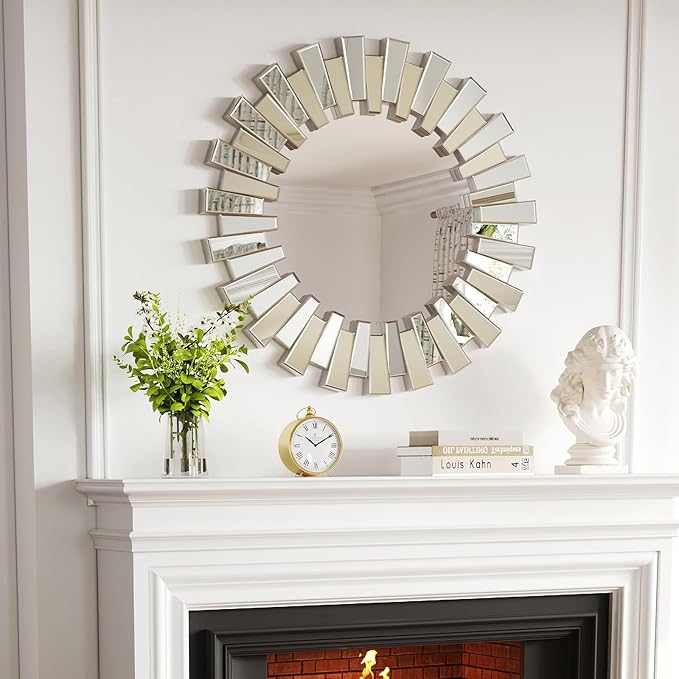 Round Decorative Mirror - 26" Sunburst Sun Mirrors for Wall Decor with Silver 3D Beveled Glass Frame, Modern Wall Art Accent for Living Room, Bedroom, Fireplace, Entryway