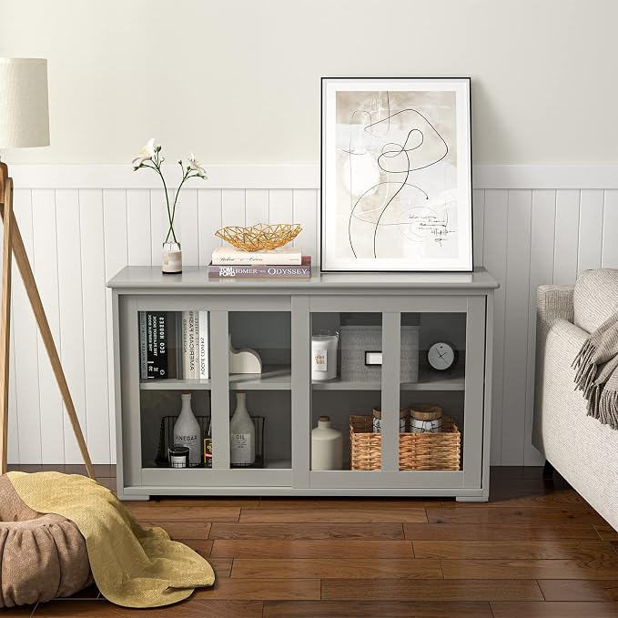 Sideboards Buffet Cabinet, Sliding Tempered Glass Door Coffee Bar, Console Table with Adjustable Shelf, Credenzas for Living Room, Stackable Kitchen Cupboard for Dining Room (Grey)