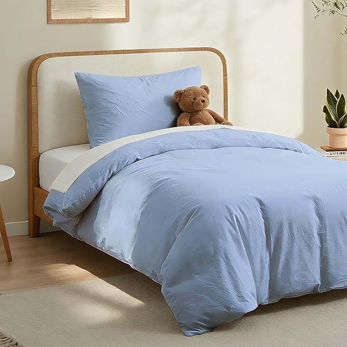 LOVQUE Light Blue Cotton Duvet Cover Twin Size, Linen Like Natural Bedding Set with Zipper Closure (No Comforter), 68x90 Inches
