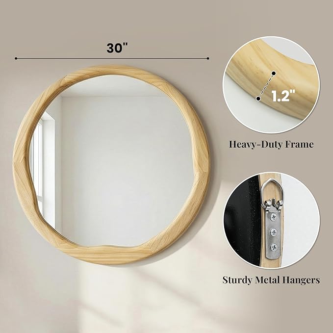 Round Wood Mirror 30 Inch, Large Asymmetrical Wavy Frame Wall Mirror for Entryway, Living Room, Solid Wood Irregular Circle Art Decor